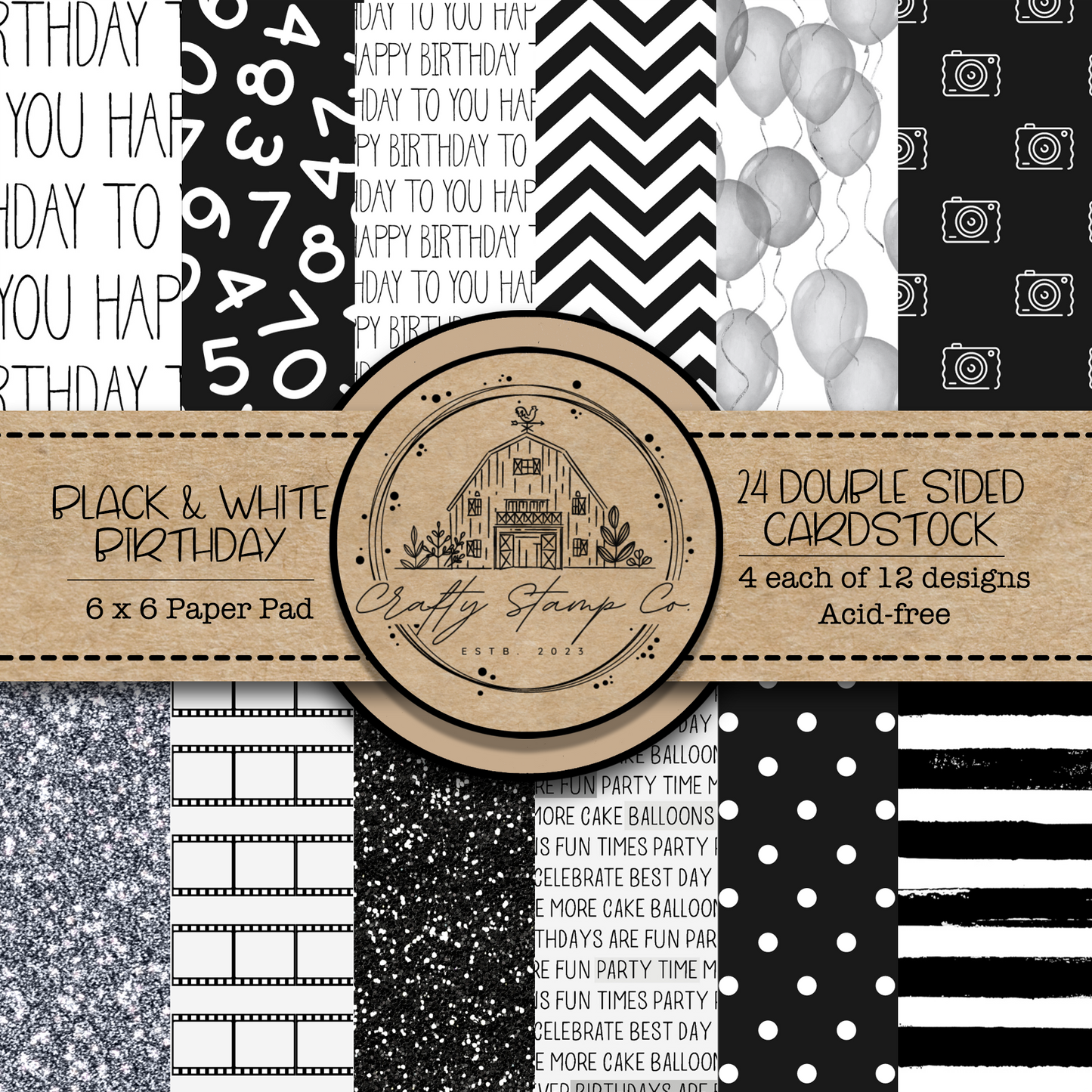 Black & White Birthday 6x6 Pattern Paper Pack