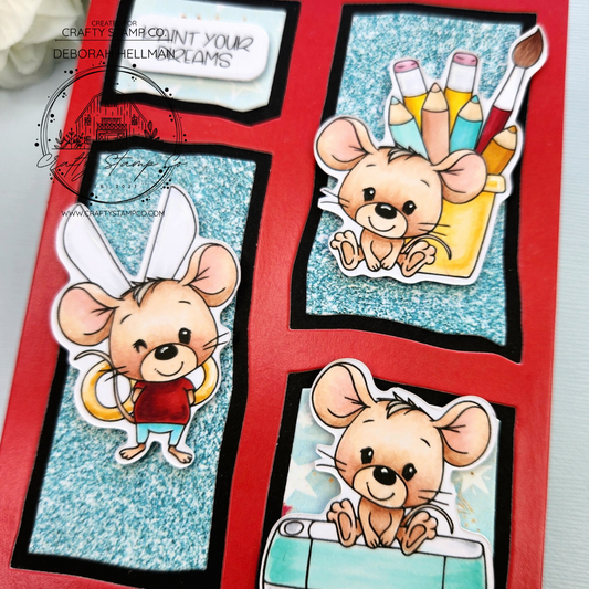 Cute handmade card featuring three colored Crafty Mice stamped images in a red wavy-window frame with teal glitter panels and a “Paint Your Dreams” sentiment.