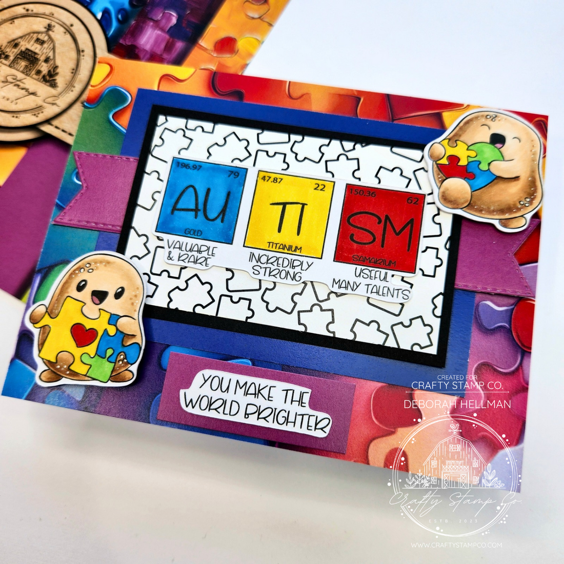 Bright handmade encouragement card by Deborah Hellman featuring Positive Tate Neuro Sparkle, colorful puzzle-themed paper, and a bold focal panel with uplifting words.