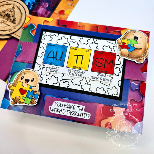 Bright handmade encouragement card by Deborah Hellman featuring Positive Tate Neuro Sparkle, colorful puzzle-themed paper, and a bold focal panel with uplifting words.