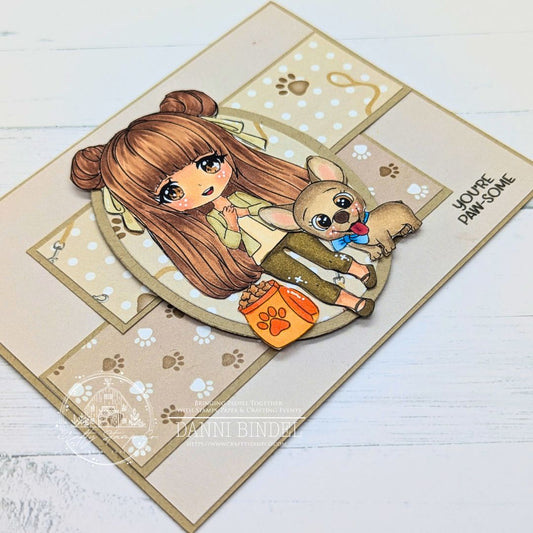 Handmade pet-themed card by Danni Bindel using March 2026 Crafty Crew Kit with Fur Mama Meadow and her dog, neutral paw-print papers, and ‘You’re Paw-Some’ sentiment.