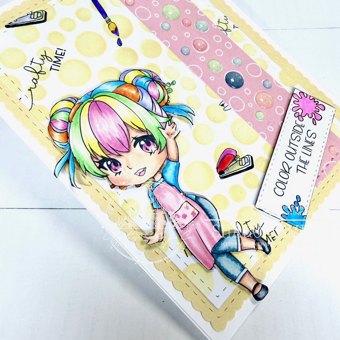 Handmade card by Sharon featuring a rainbow-haired crafter from the Crafty Friends stamp set, layered over yellow and pink Bubble Wheel–stenciled backgrounds with enamel dots and a “Color Outside the Lines” sentiment.