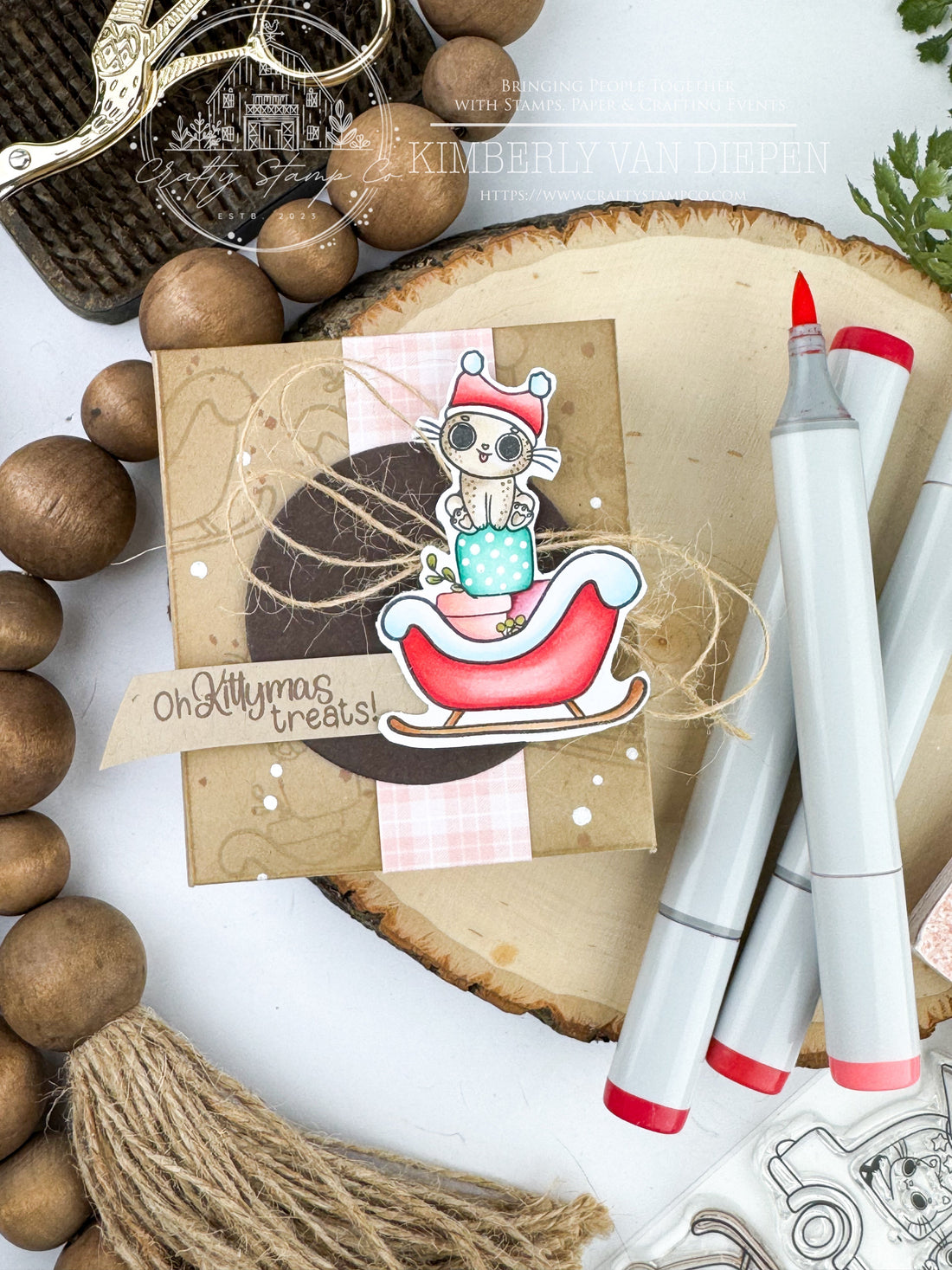 Handmade Christmas treat box featuring the Meowy Kittymas stamp set and Nutcracker & Cocoa patterned paper, created by Kimberly for Crafty Stamp Co.