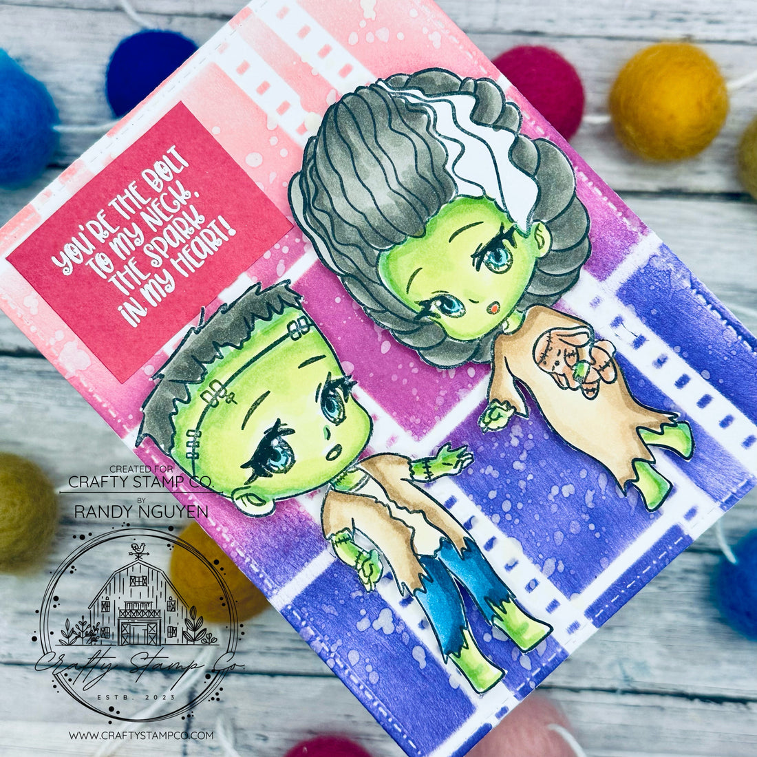 Handmade Valentine’s Day card featuring cute movie monster characters inside a filmstrip-style background designed by Randy Nguyen using the Movie Monsters stamp set and Birthday Filmstrip stencil for Crafty Stamp Co.