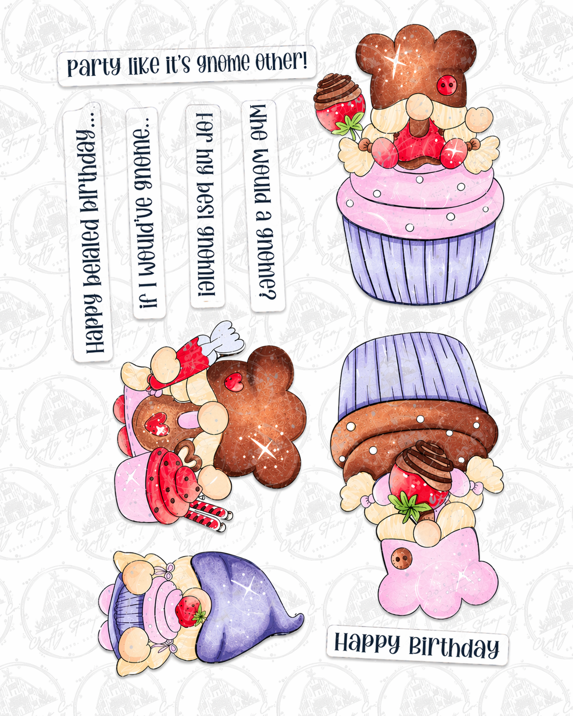 Gnomie Cuppie Cakes 4x6 Stamp Set